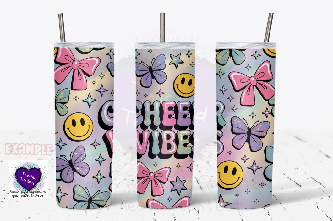 Cheerleader tumbler-Cheer Vibes Smiley Butterfly Bows and Stars
